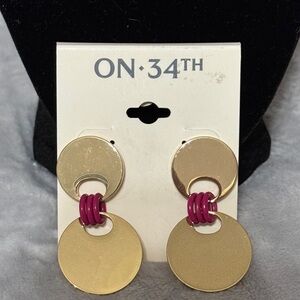 ON 34th Gold and Magenta Double Disc Drop Earrings